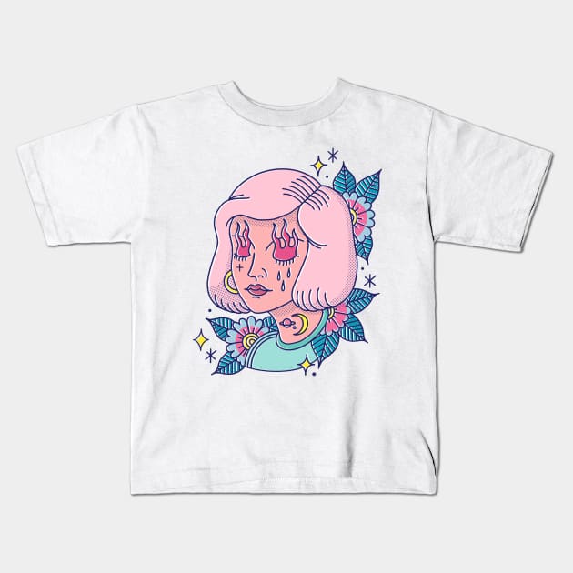 Pink hair fire eyeD Kids T-Shirt by Paolavk